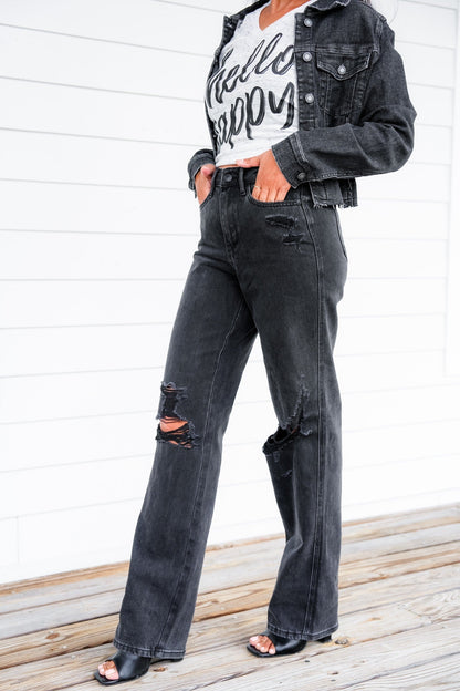Judy Blue Straight Obsessed High Rise Black Rigid Magic 90's Distressed Straight Leg Jeans