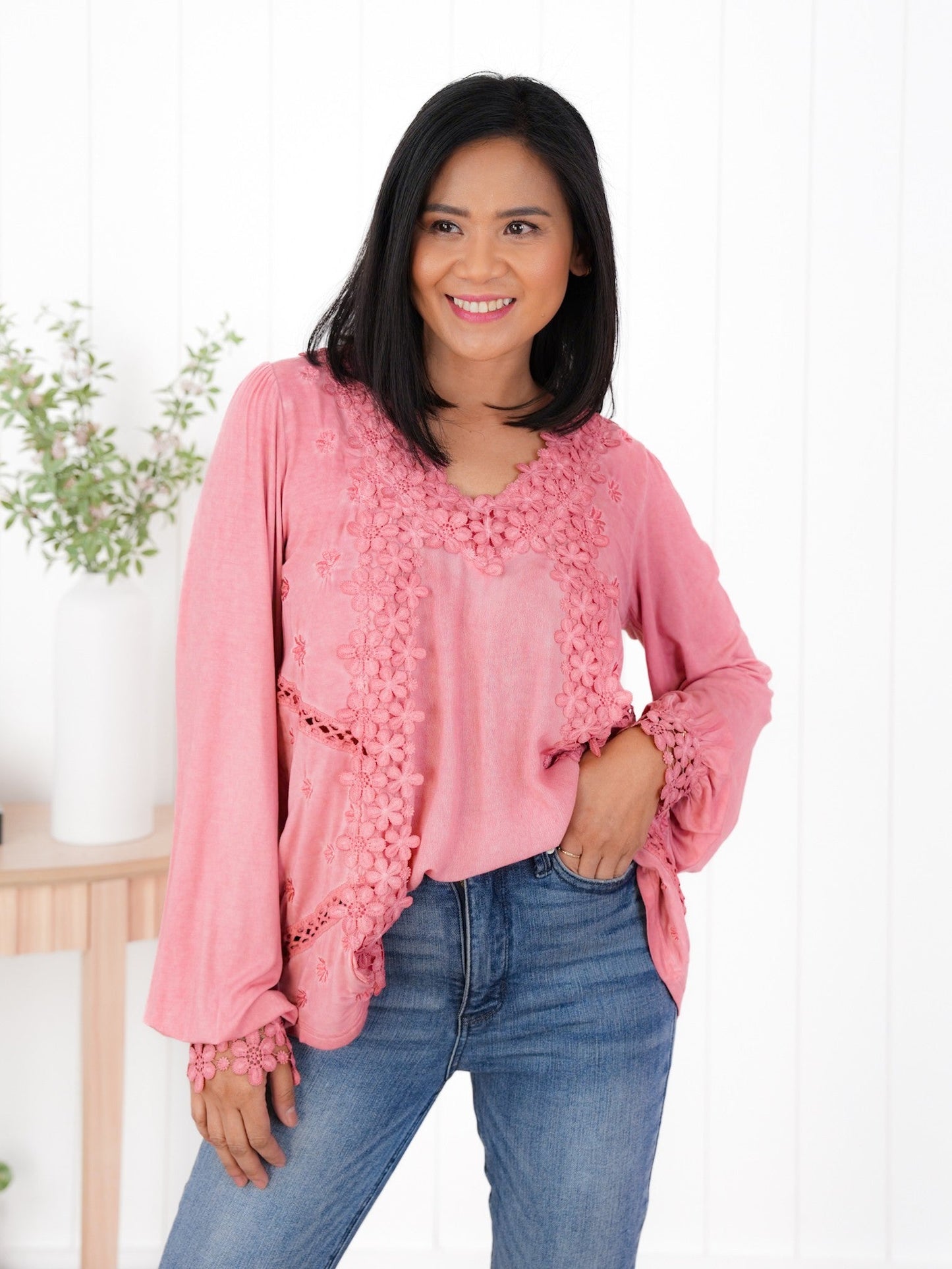 Restocks! POL Floral Embroidered Long Sleeve V-Neck Top (Multiple Colors)