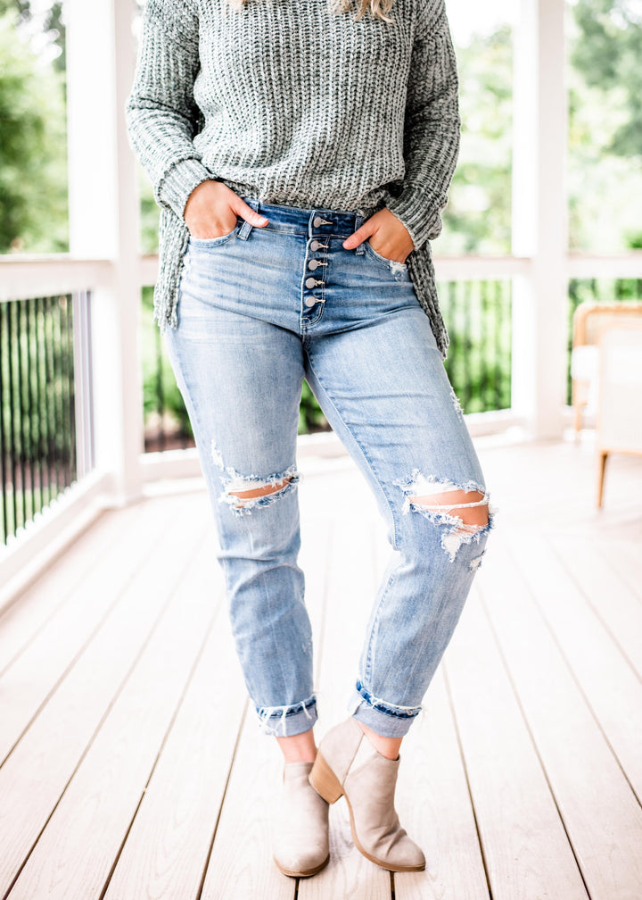 Judy Blue FIREFLY Button Fly Distressed Boyfriend Jeans
