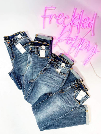 Judy Blue Bethany Bleach Dark Wash High Rise Bleach Splash Boyfriends