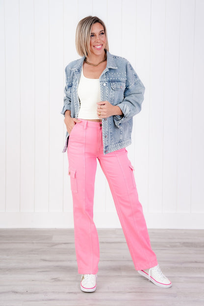 Judy Blue High Rise Pink Garment Dyed Cargo Straight Leg Jeans
