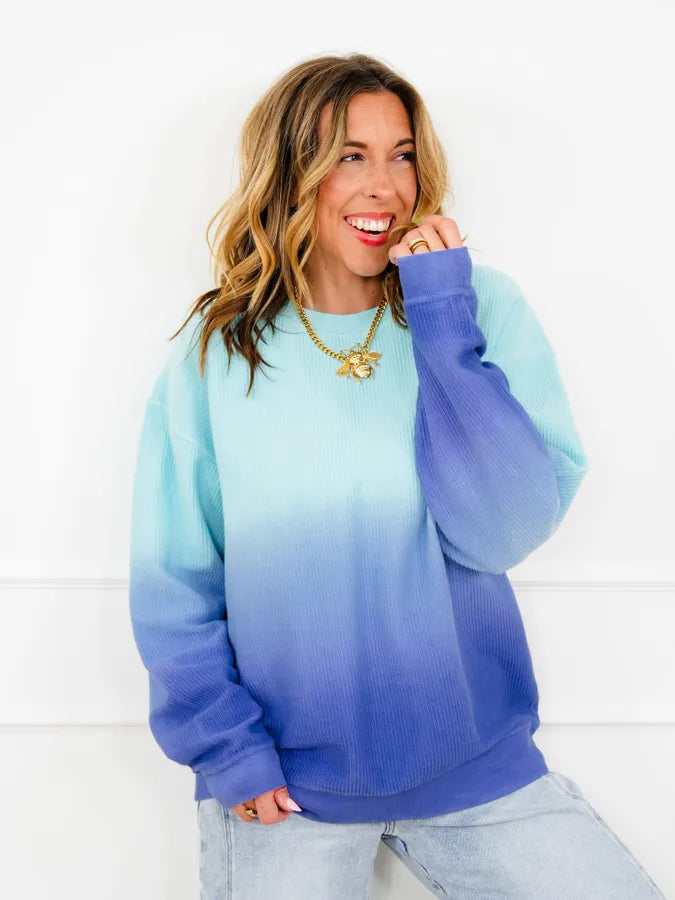 Plus/Reg Dip Dyed Corded Long Sleeve Pullover Top