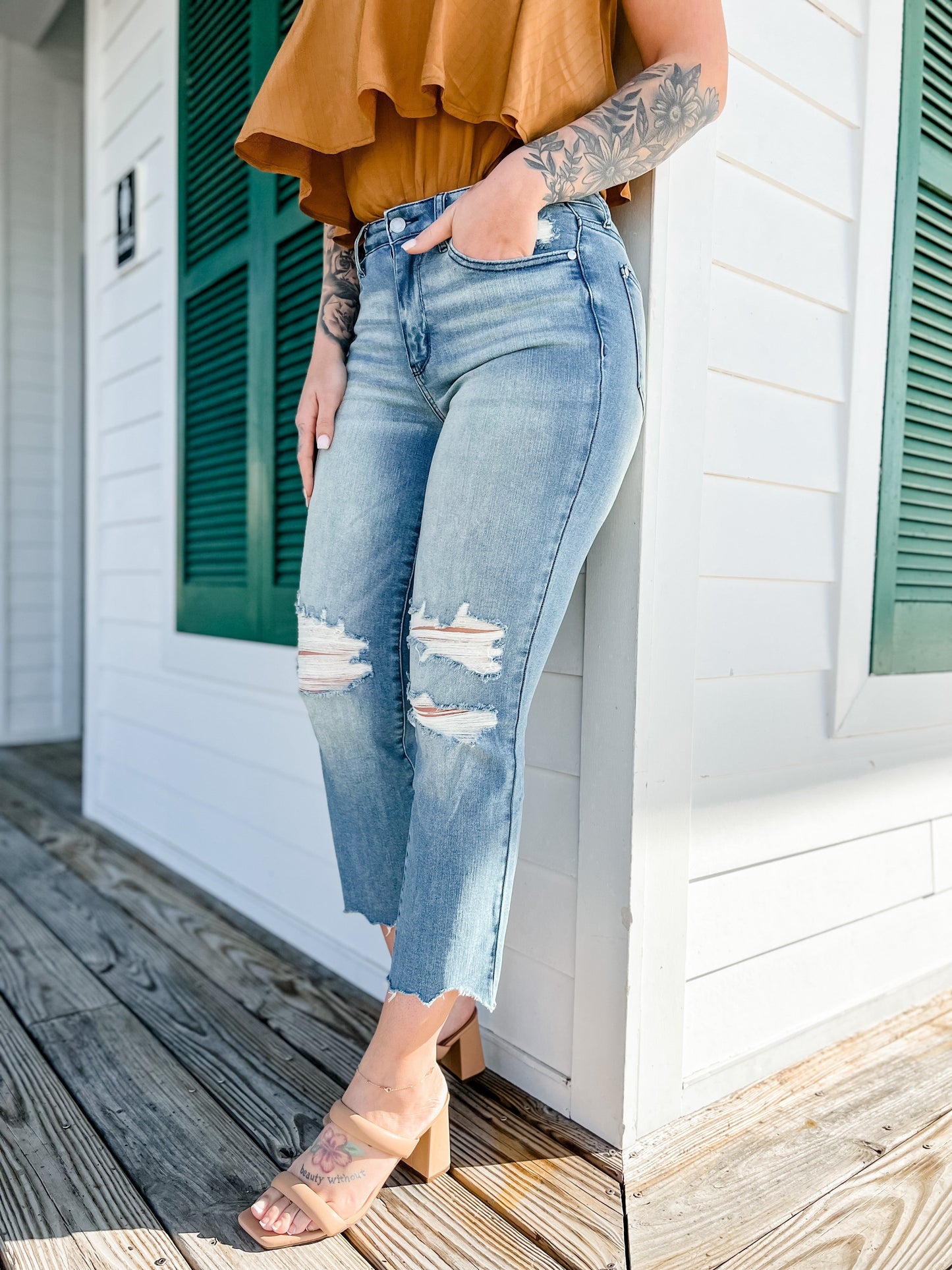 Judy Blue  Look At Me Now Medium Wash Mid Rise Distressed Cropped Straight Leg Jeans