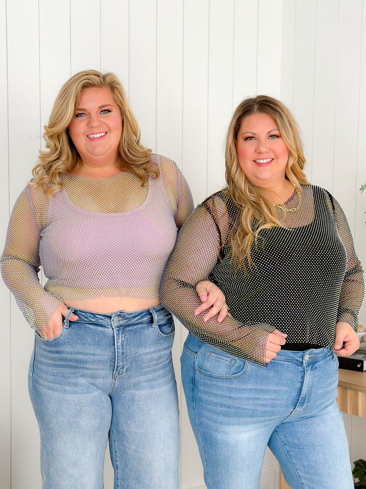 Metallic Rhinestone Mesh Long Sleeve Top (Multiple Colors)
