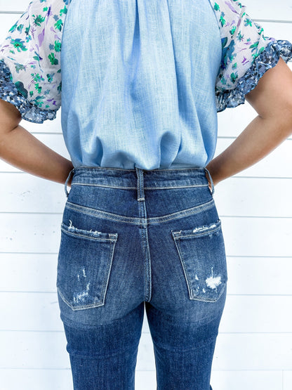 Plus/Reg Vervet High Rise Distressed Flare Jeans With Raw Hem