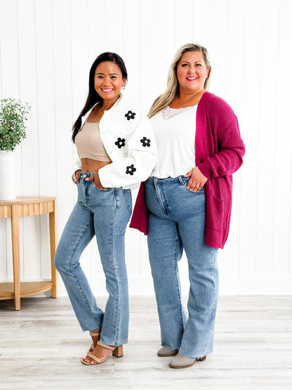 Risen Medium Wash High Rise Slim Straight Jeans With Rhinestones