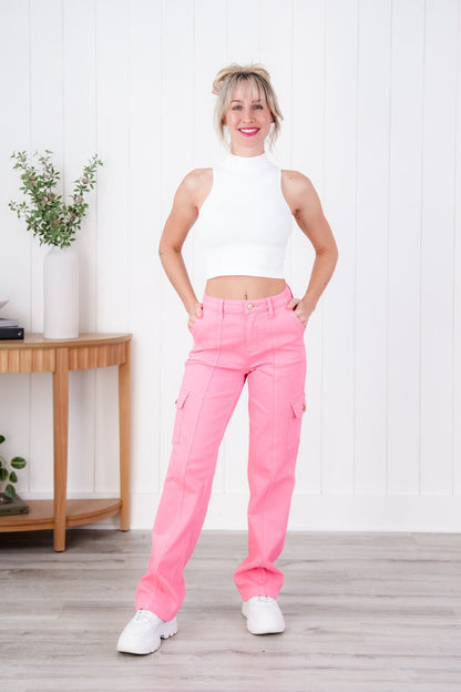 Judy Blue High Rise Pink Garment Dyed Cargo Straight Leg Jeans