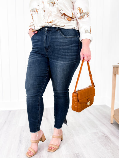 Judy Blue Dark Wash High Rise Side Slit Raw Hem Skinny Jeans