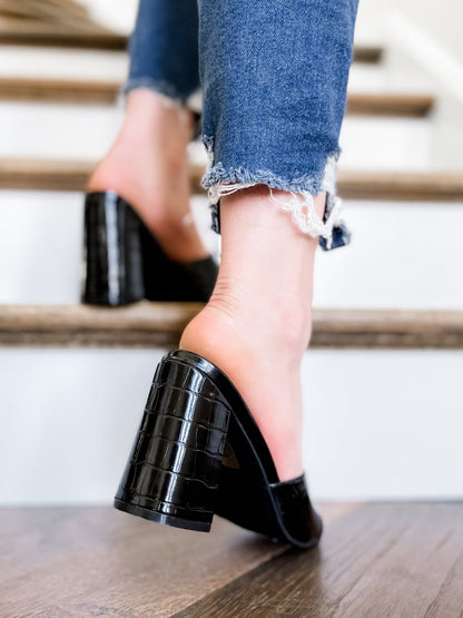 Shu Shop Black Alligator Slide In Heel Sandal