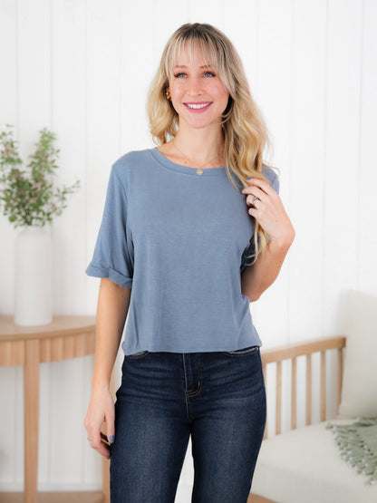 Plus/Reg Solid Short Cuffed Sleeve Top (Multiple Colors)