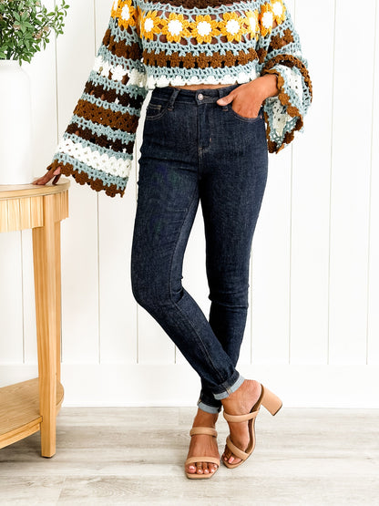 Judy Blue Dark and Twisted High Rise Dark Wash Classic Back Pocket Embroidery Skinny Jeans