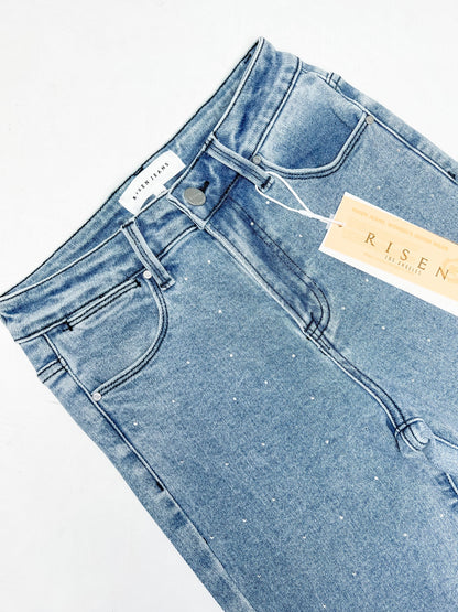 Risen Medium Wash High Rise Slim Straight Jeans With Rhinestones