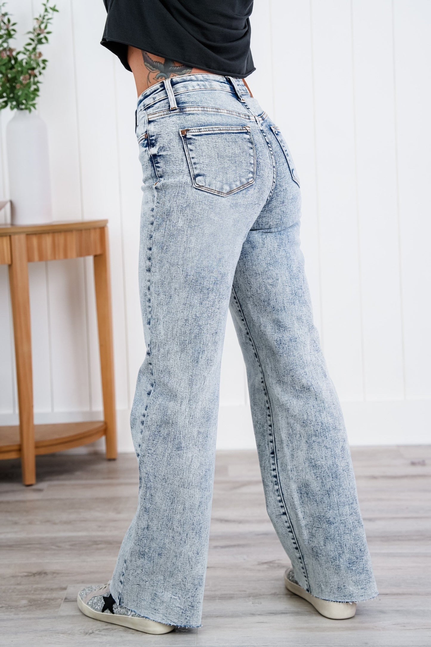 Judy Blue  Bad Blood High Rise Light Mineral Wash Raw Hem Wide Leg Jeans