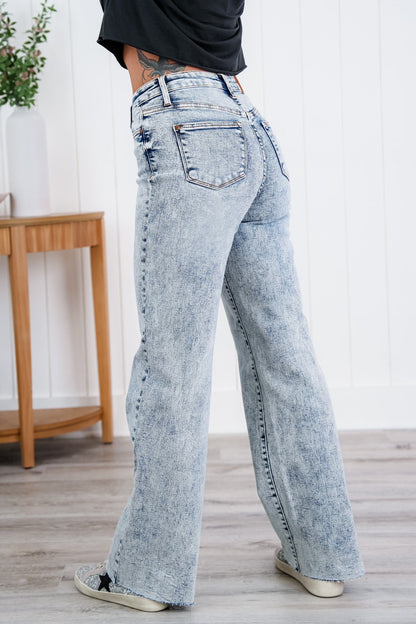 Judy Blue  Bad Blood High Rise Light Mineral Wash Raw Hem Wide Leg Jeans