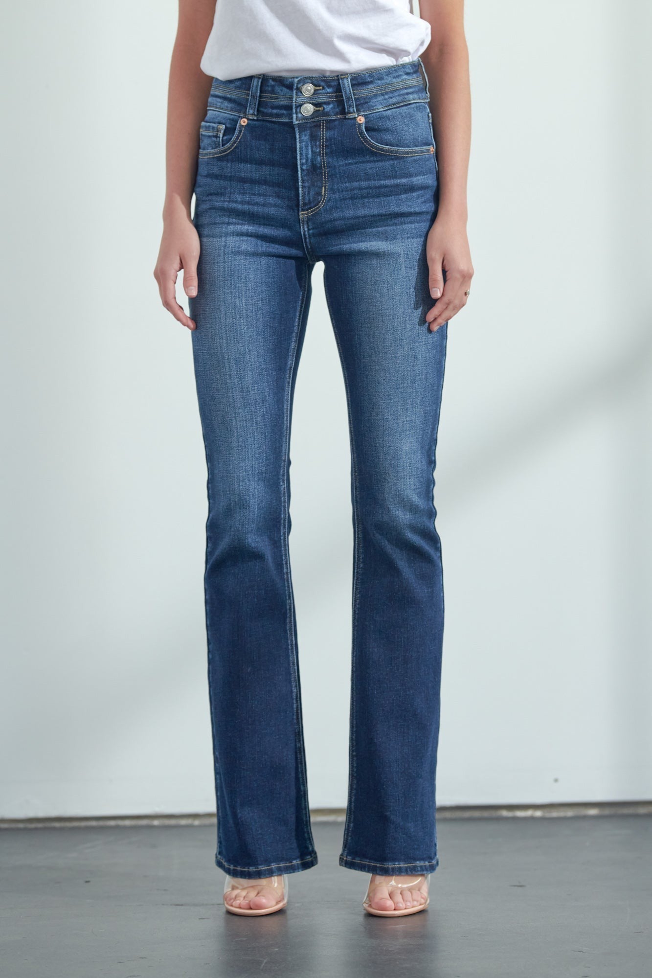 Artemis High Rise Dark Wash Double Waistband Bootcut Jeans