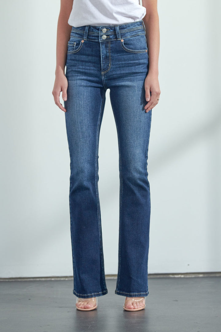 Artemis High Rise Dark Wash Double Waistband Bootcut Jeans