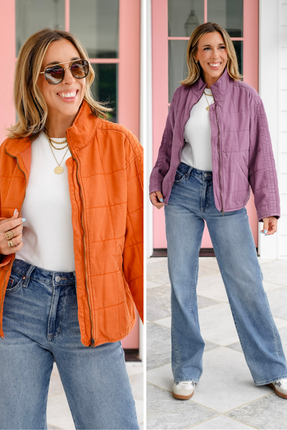 Washed Quilted Long Sleeve Zip-Up Jacket