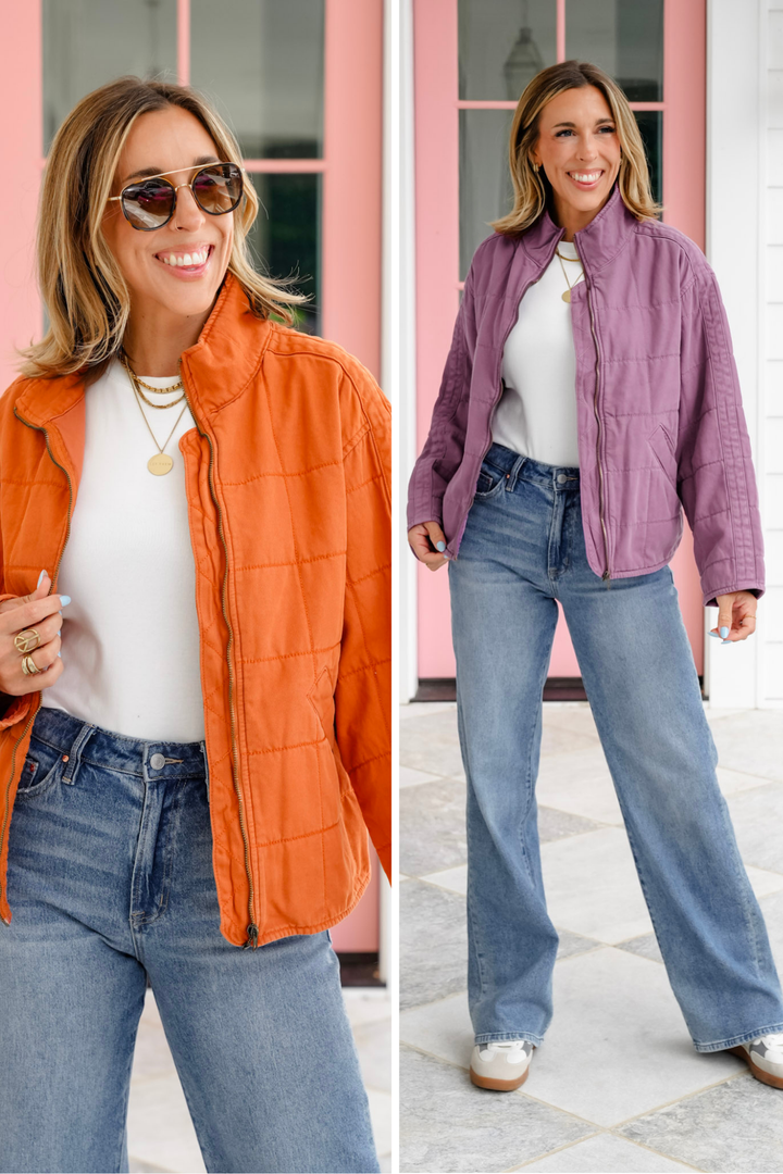 Washed Quilted Long Sleeve Zip-Up Jacket