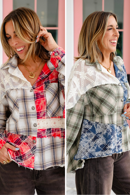 POL Plaid and Lace Long Sleeve Button Down Shacket