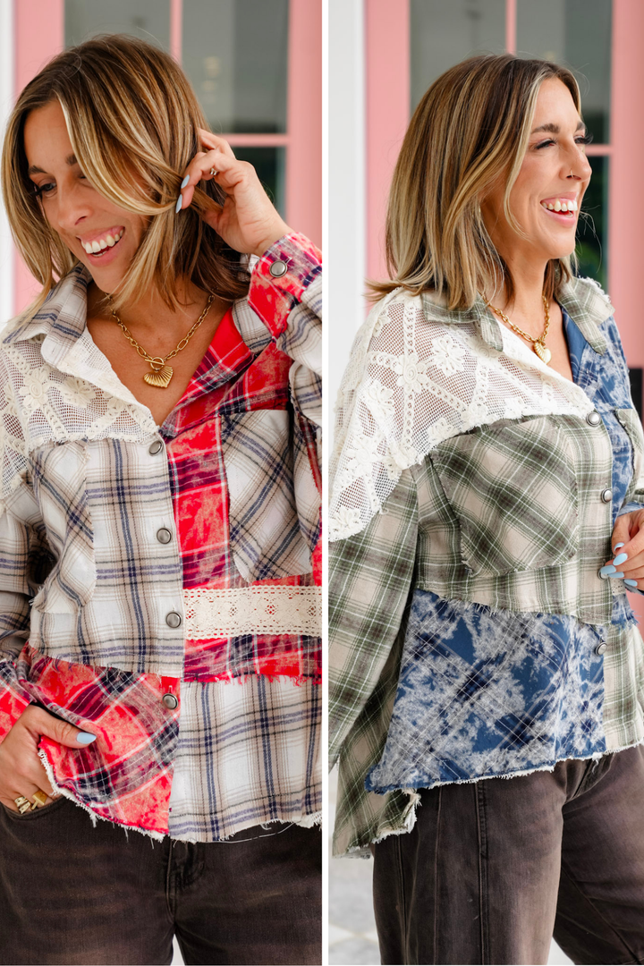 POL Plaid and Lace Long Sleeve Button Down Shacket