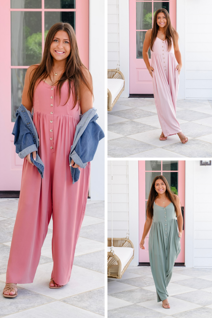 Wide Leg Button Up Sleeveless Jumpsuit