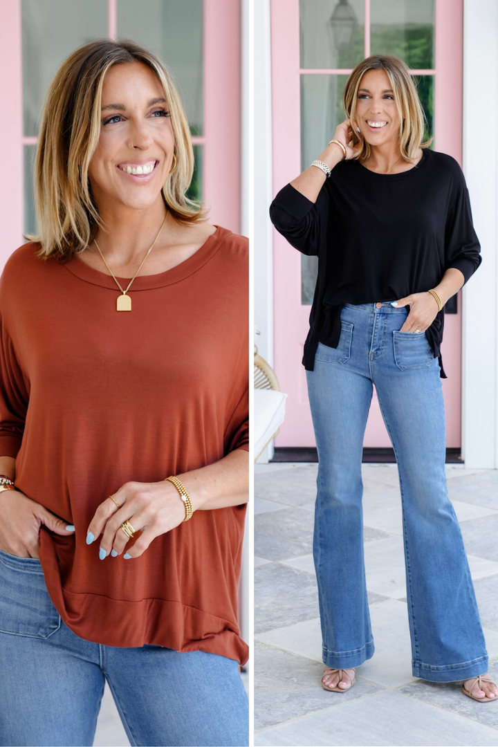 Plus/Reg Solid Long Sleeve Round Neck Knit Top