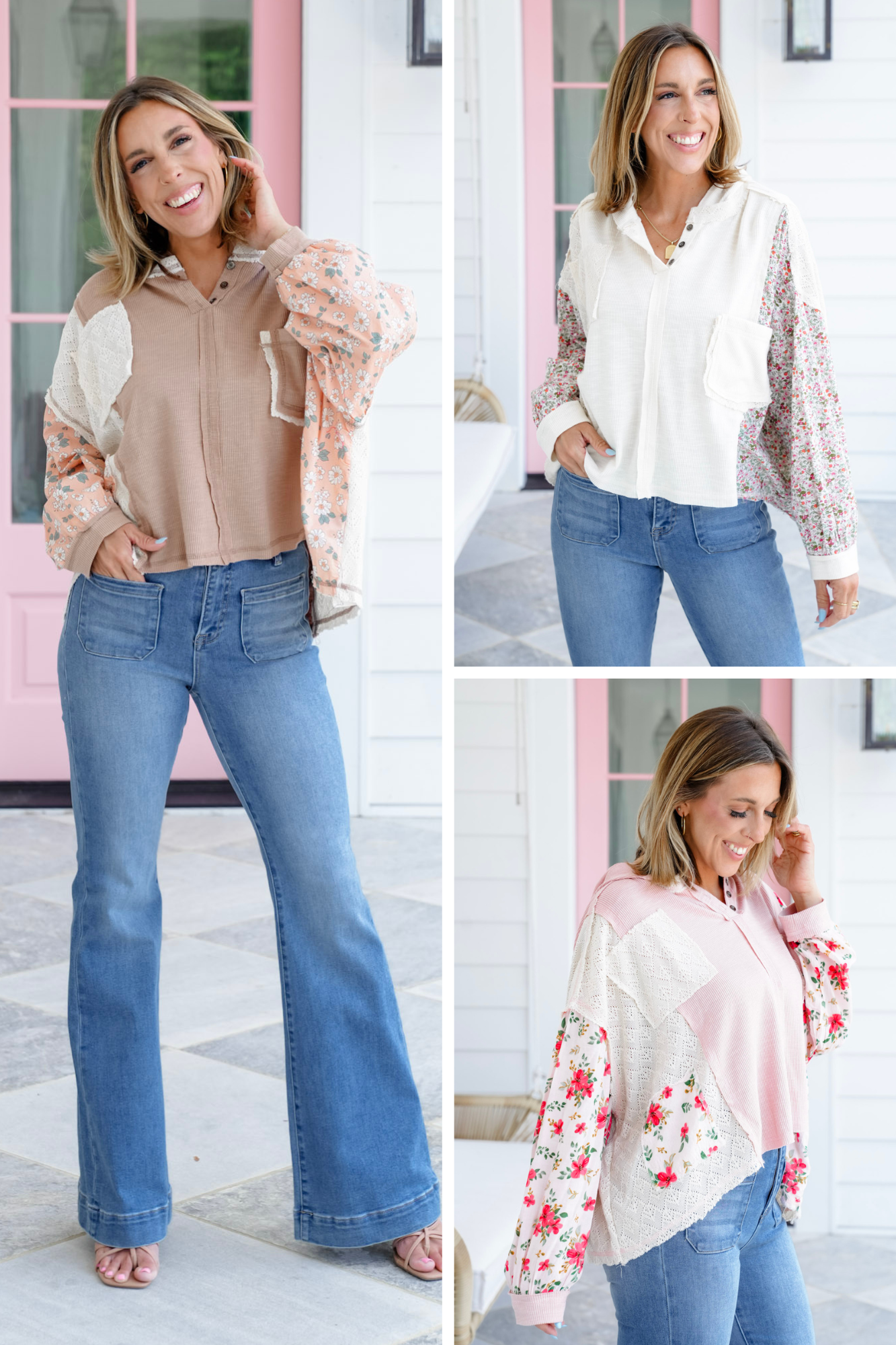 POL Long Sleeve Pullover Hoodie Top with Floral Detail
