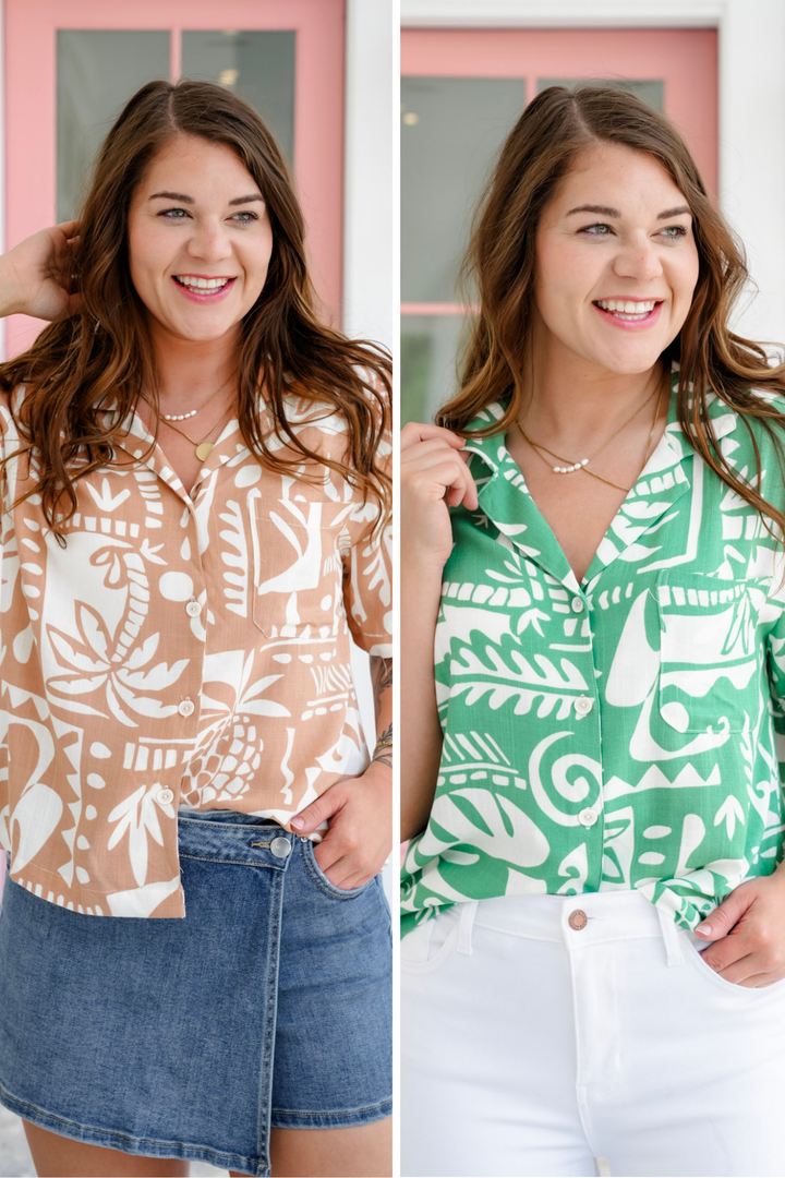 Tropical Print Short Sleeve Button Down Resort Top