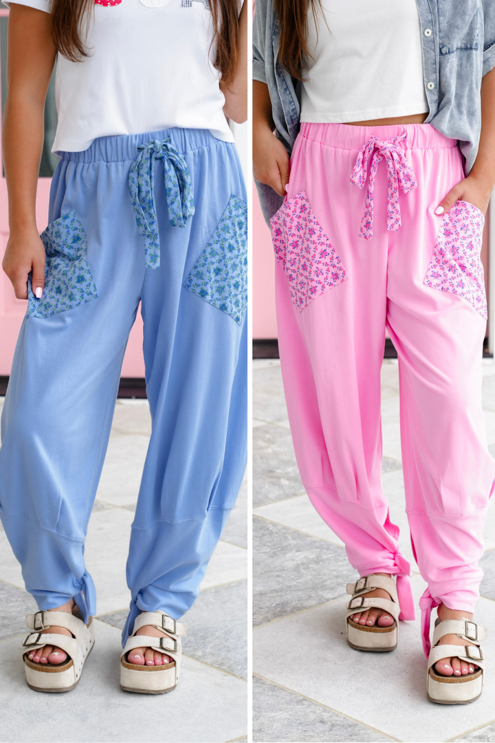 Elastic Waist Knit Joggers with Floral Detail