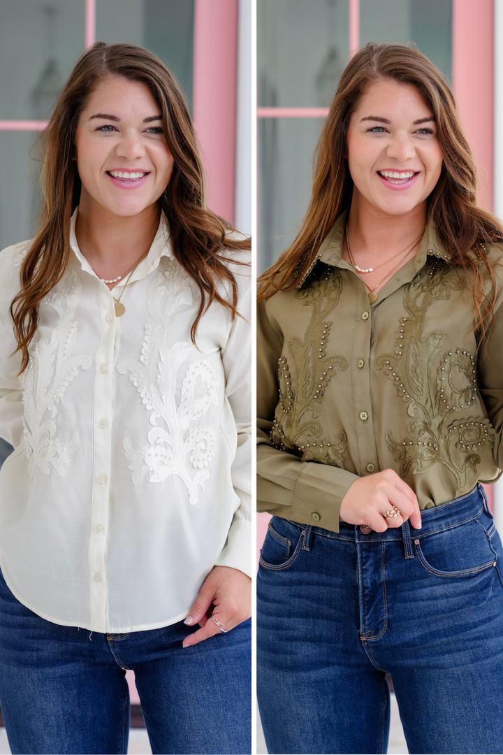 Embellished Long Sleeve Button Down Blouse