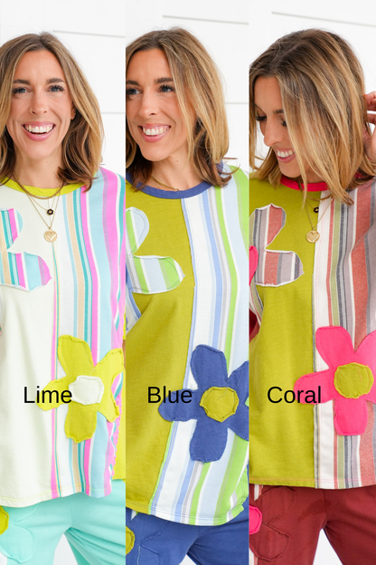 Stripe Flower Patch Short Sleeve Top