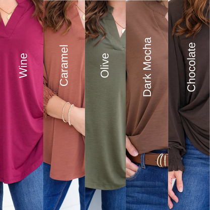 Door Buster! Plus/Reg Solid Long Sleeve Split Neck Tunic Top