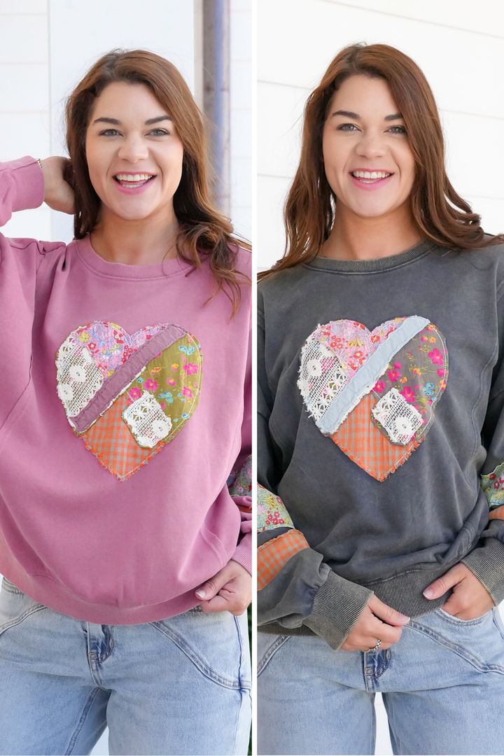 Plus/Reg Floral Heart Patch Long Sleeve Pullover