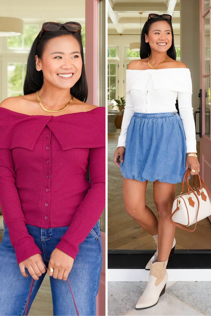 Ribbed Knit Long Sleeve Off Shoulder Top