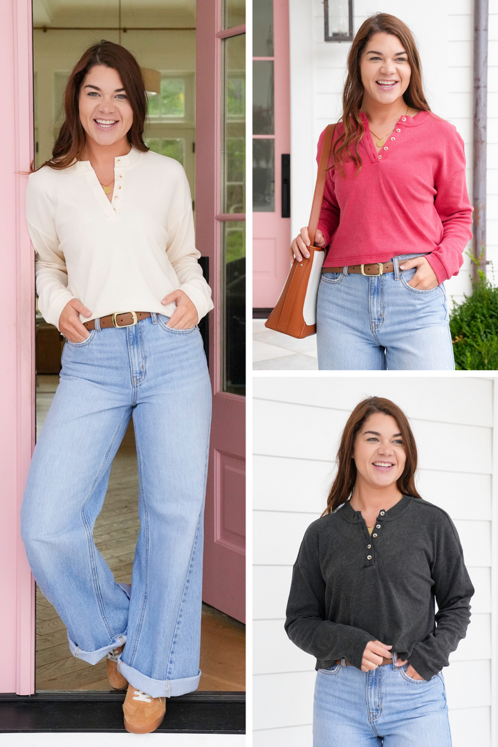Ribbed Long Sleeve Button Up Henley Top