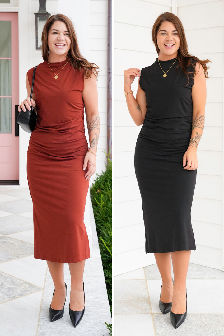 Sleeveless Draped Mock Neck Midi Knit Dress