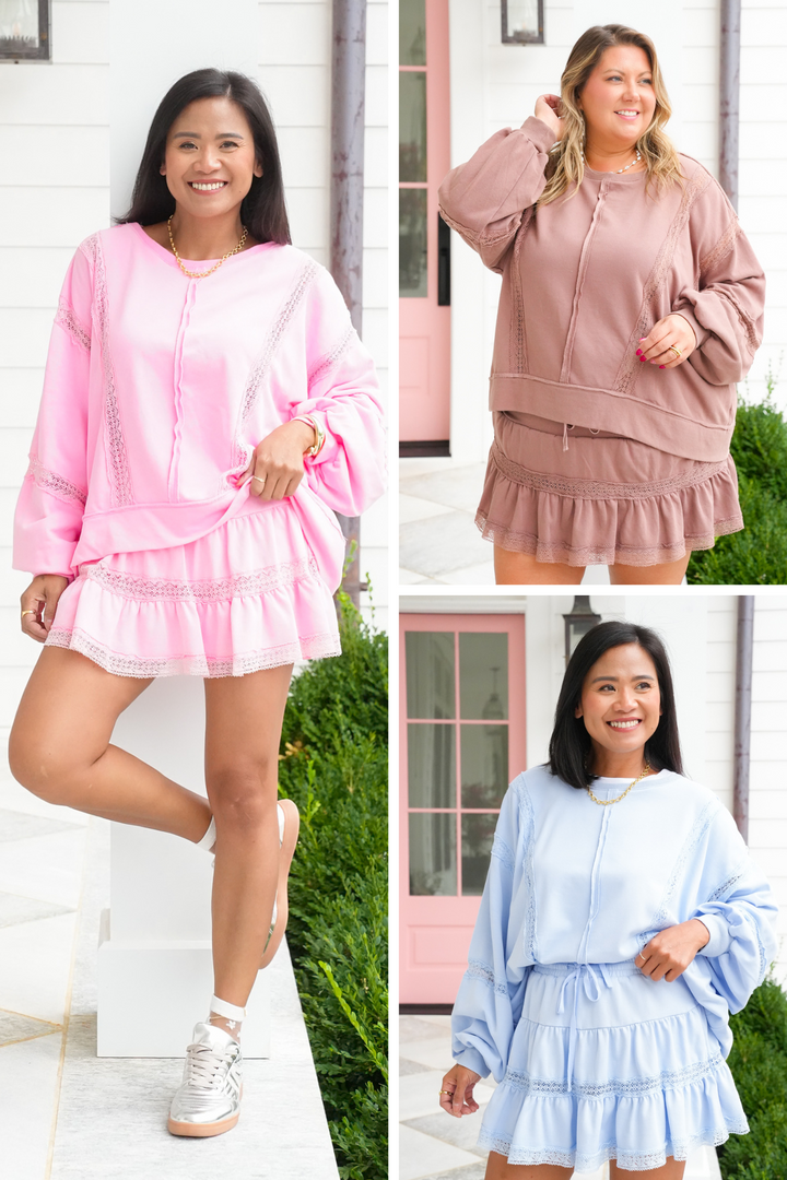 Lace Trim Long Sleeve Pullover Top and Skort Set