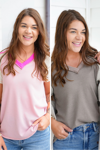 Plus/Reg Color Block Short Sleeve V Neck Top