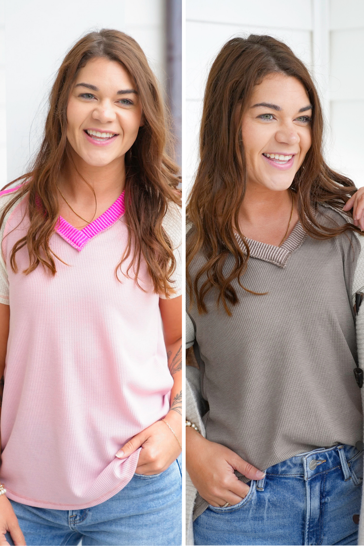 Plus/Reg Color Block Short Sleeve V Neck Top