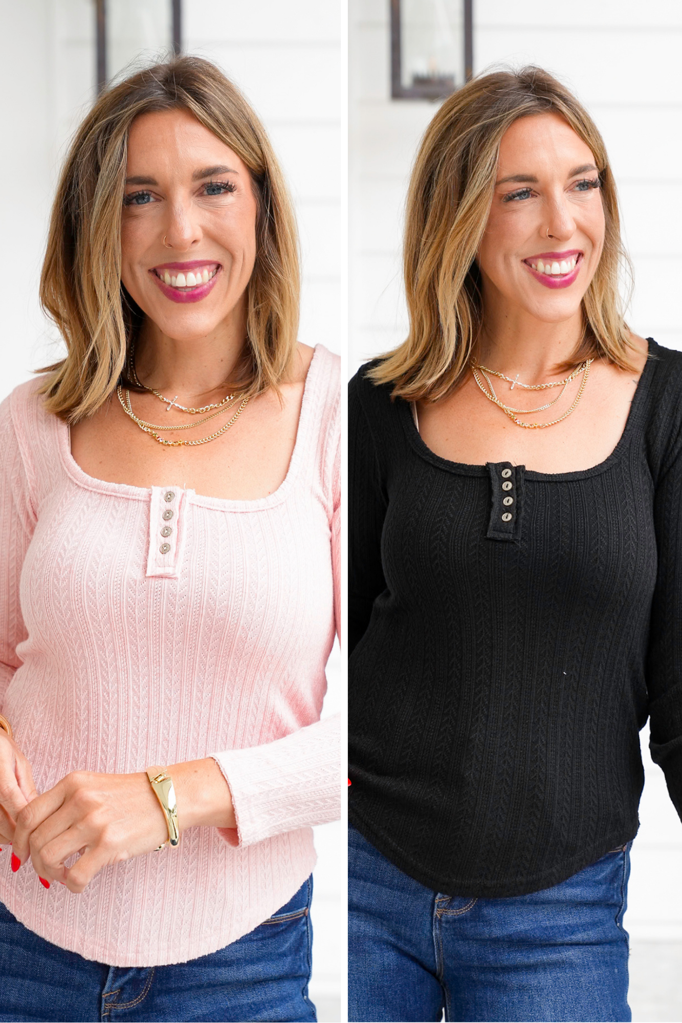 POL Textured Long Sleeve Square Neck Top