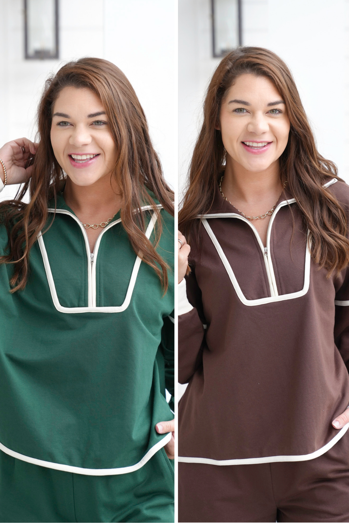 Plus/Reg Terry Long Sleeve Pullover Top with Contrast Piping