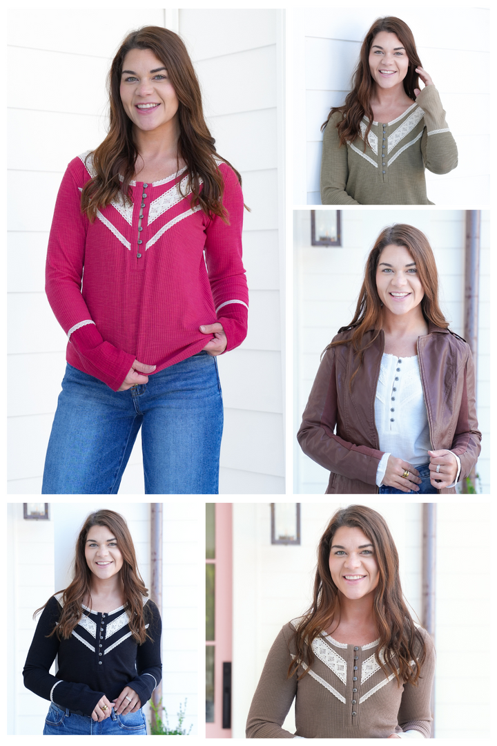 POL Ribbed Long Sleeve Half Button Up Top