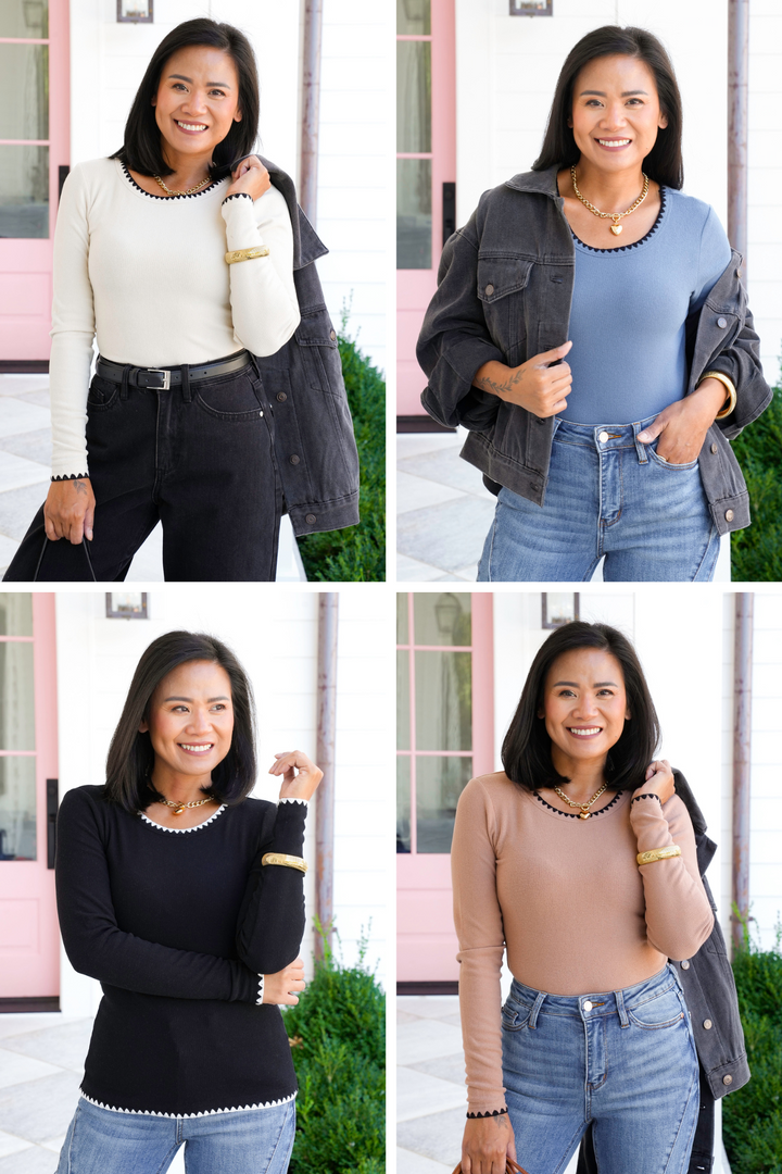 Long Sleeve Knit Top with Embroidery Stitch
