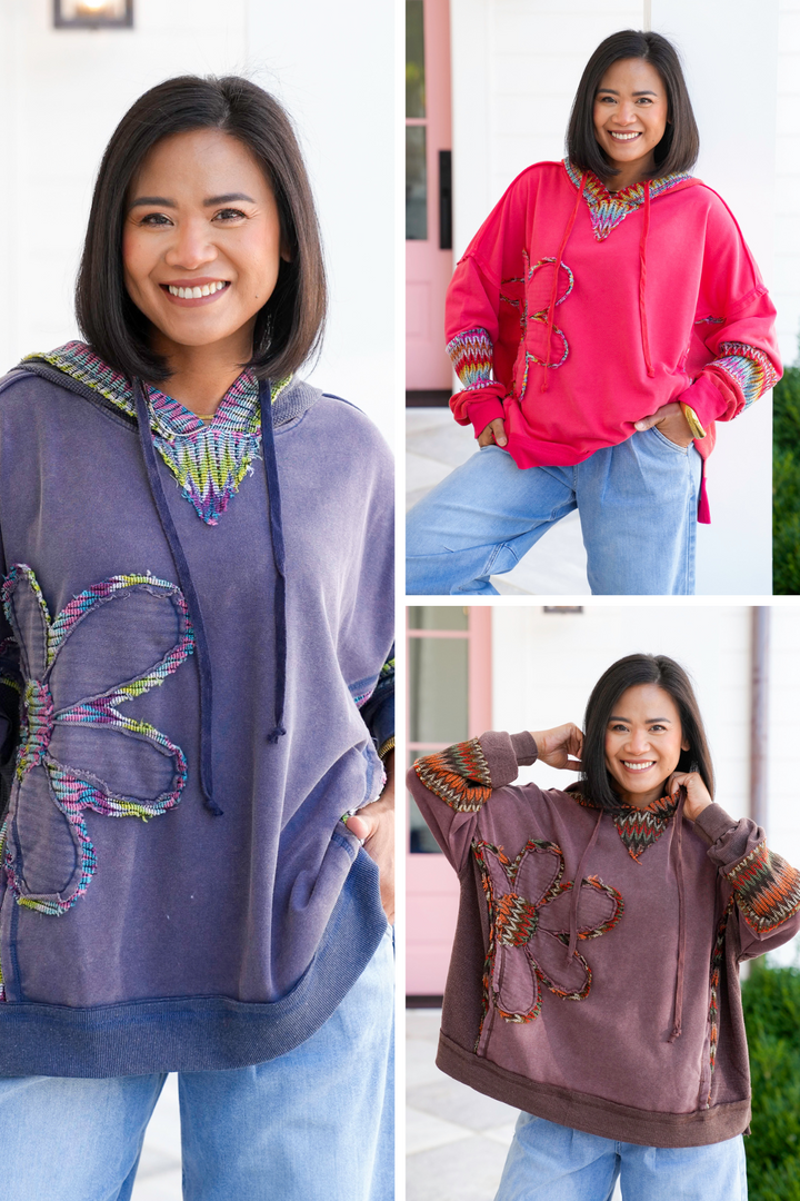 Washed Long Sleeve Hoodie with Daisy Patch