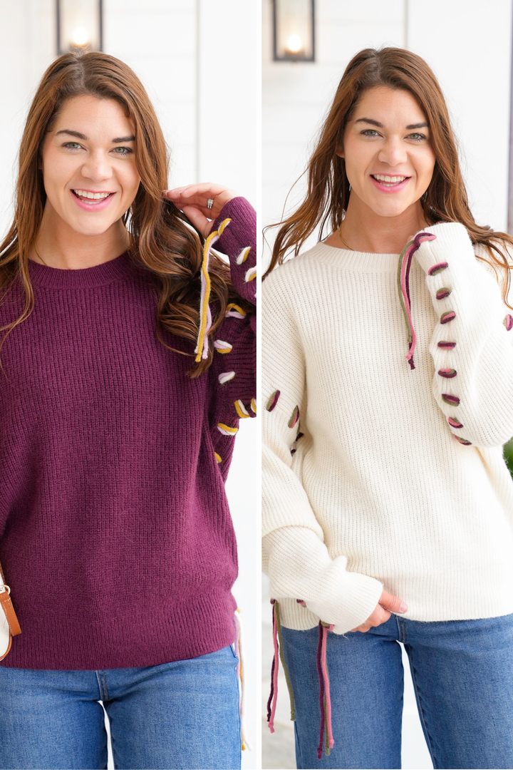 Long Sleeve Crew Neck Sweater with Stitching