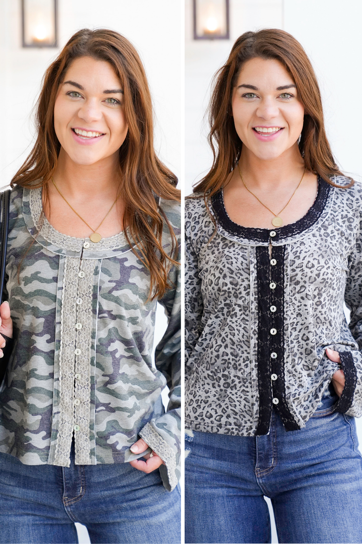 POL Ribbed Long Sleeve Button Up Top with Animal/Camo Print