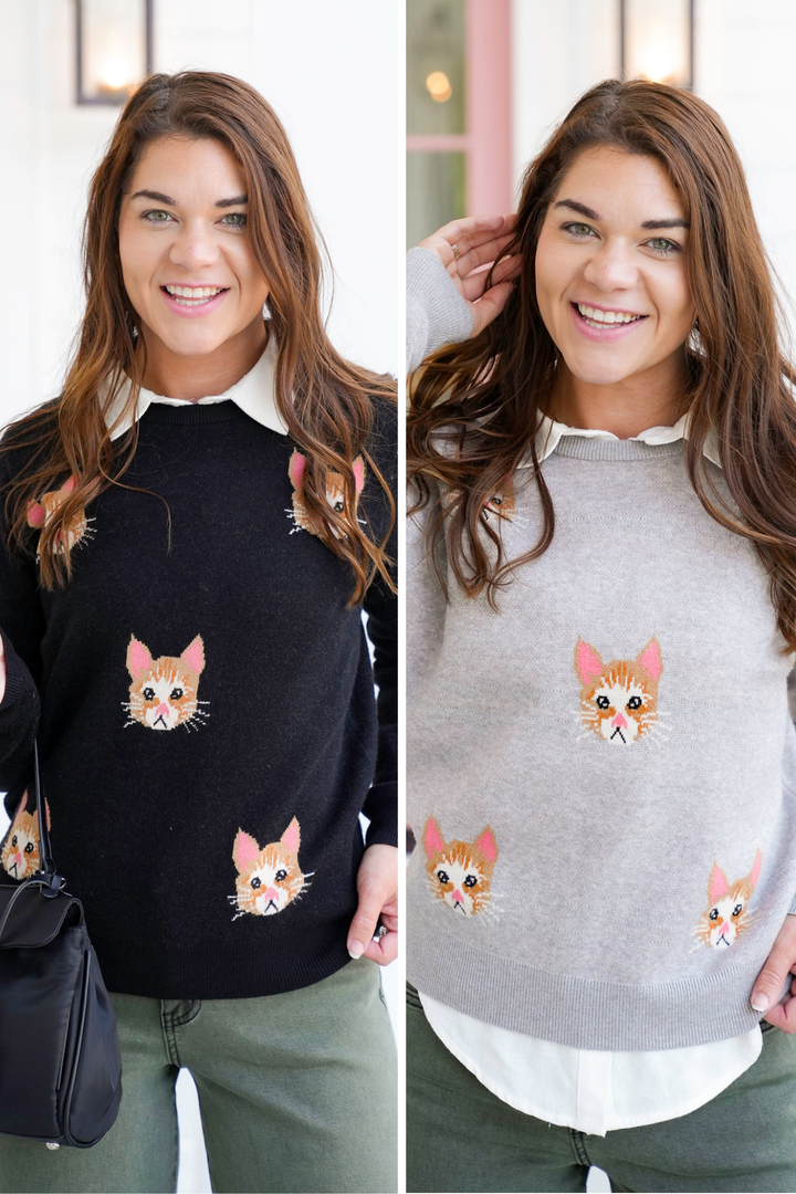 Cat Pattern Long Sleeve Knit Sweater