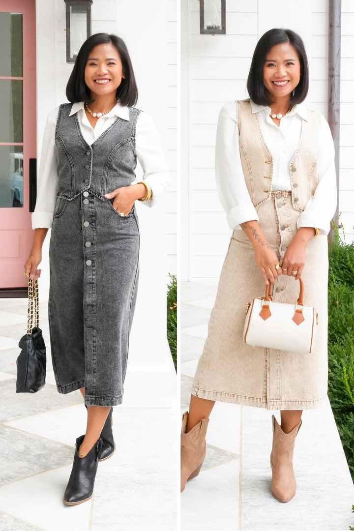 Acid Washed Button Down Vest and Midi Skirt Set