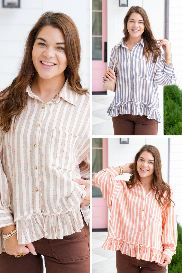 Striped 3/4 Sleeve Button Down Ruffle Top