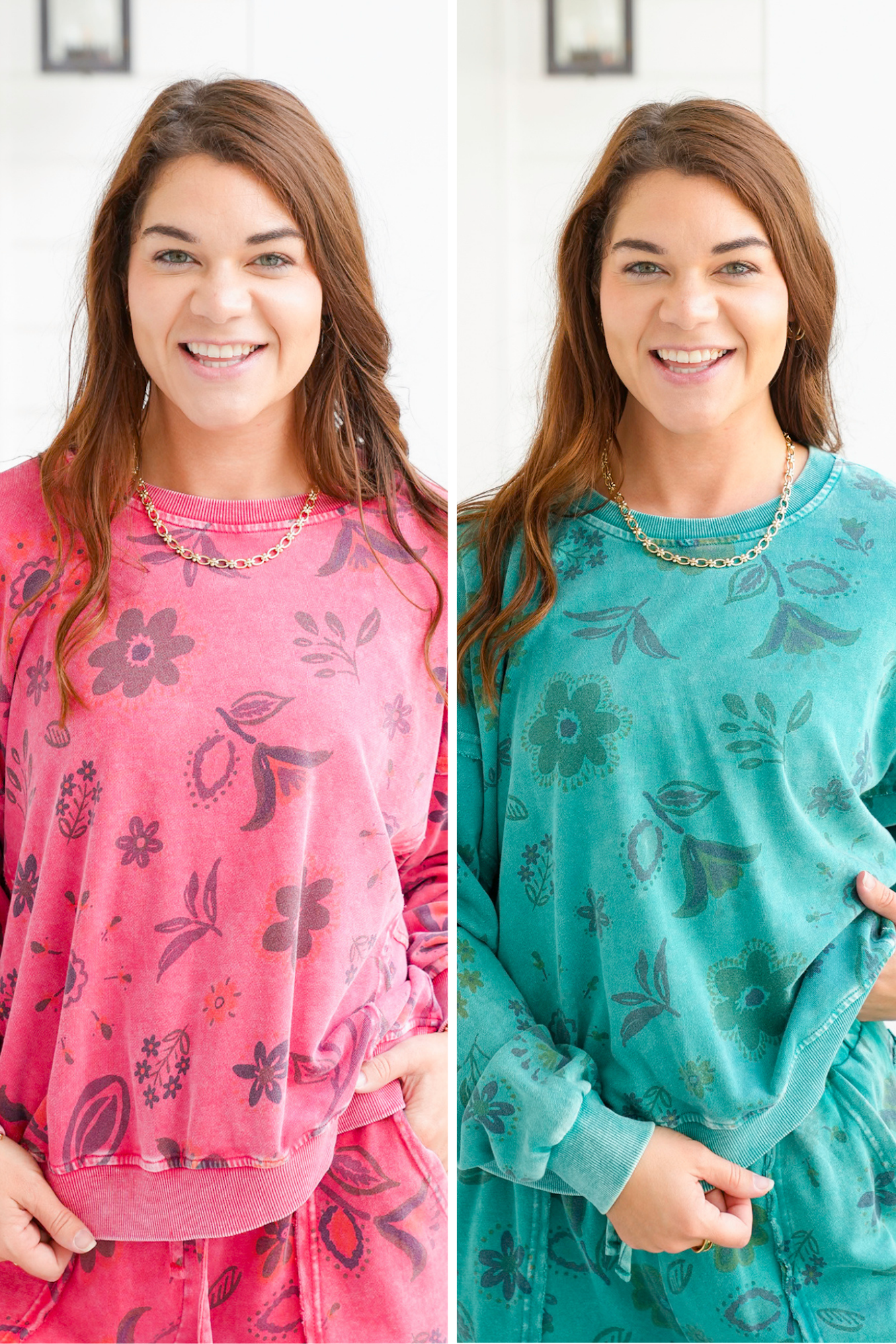 Washed Floral Print Long Sleeve Terry Pullover